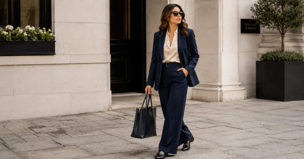Wool Blazers for Women: The Complete Style & Buying Guide 7 Wool blazers for women outfit ideas for work with navy blazer, tailored trousers, and silk blouse.