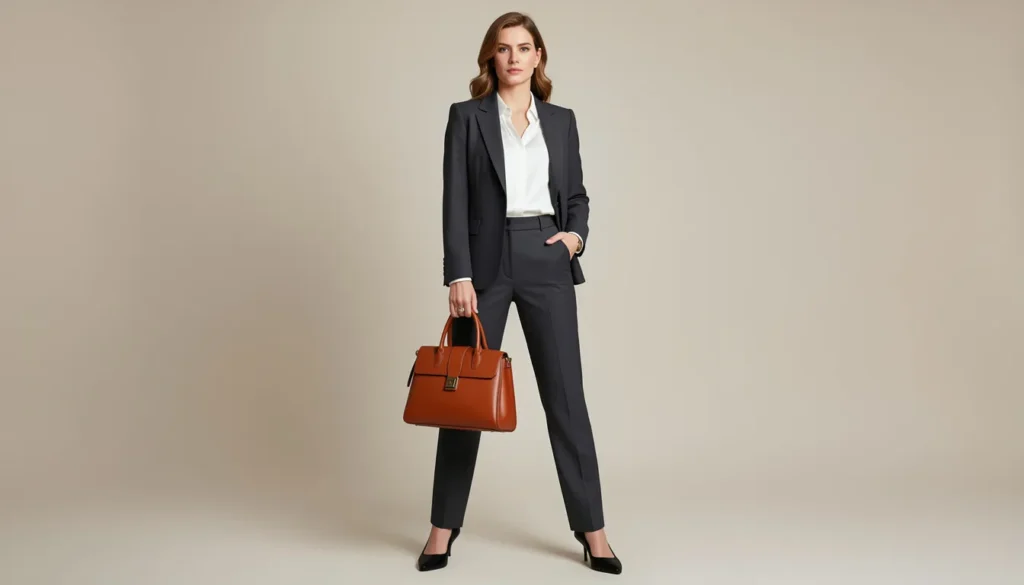 Business attire for women with a charcoal pantsuit, white blouse, and black pumps.