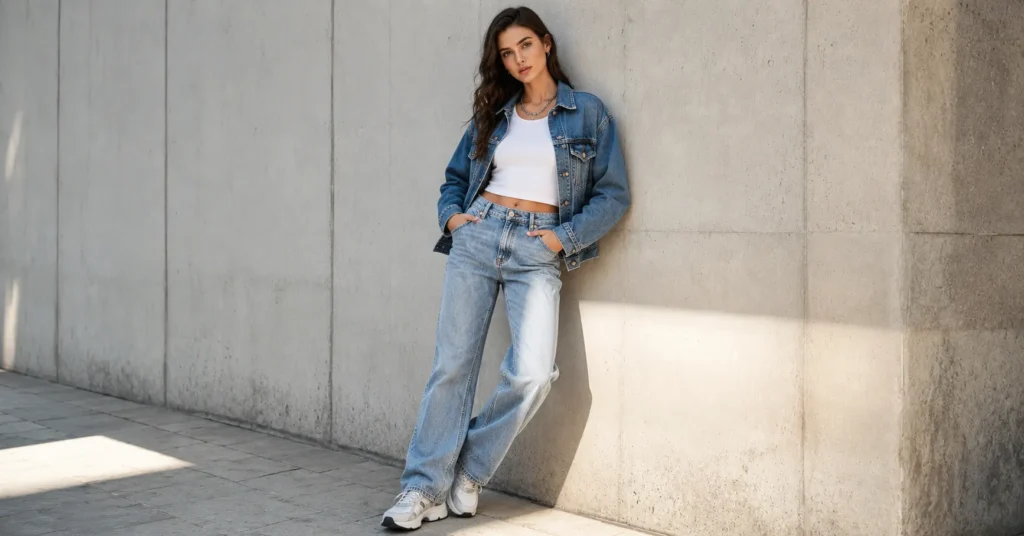 Diesel Outfit Ideas: How to Style Denim and Streetwear With Confidence 4 Diesel outfit ideas showing a denim-on-denim streetwear look with jeans and denim jacket.