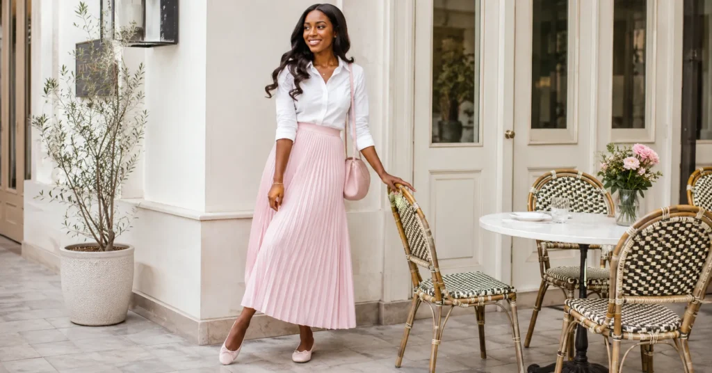 Girly Outfits Black Women Will Love: A Complete Feminine Style Guide 4 Girly outfits black women will love with a pink pleated skirt, white blouse, and brunch-ready accessories.