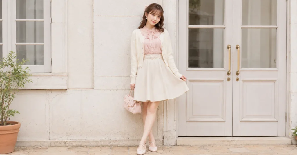 Classic himekaji outfits with a pastel pink blouse and cream A-line skirt.