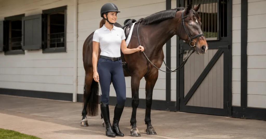 Horse Riding Outfit Essentials: What to Wear in the Saddle 6 Horse riding outfit for beginners with helmet, riding tights, paddock boots, and half chaps.