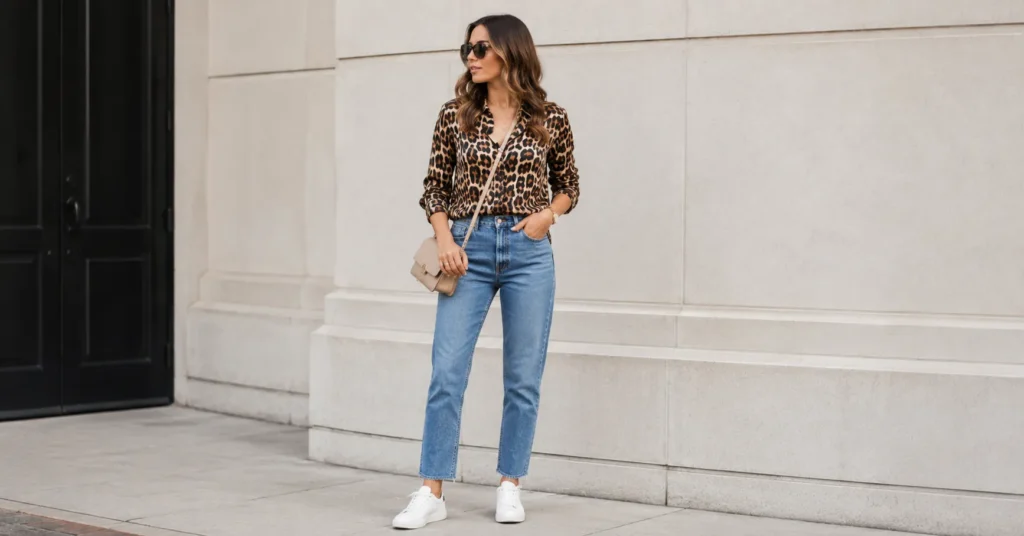 Leopard Print Outfit Ideas: How to Wear This Timeless Statement With Confidence 4 Leopard print outfit with a leopard blouse, blue jeans, and white sneakers.