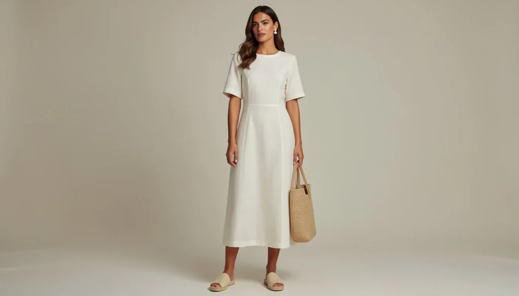 Old Money Summer Fashion: The Complete Guide to Timeless Warm-Weather Style 5 Old Money Summer Fashion with an ivory linen dress and elegant summer accessories.