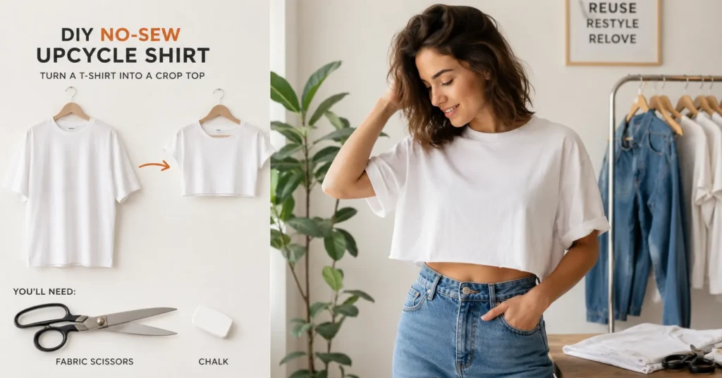 Upcycle Shirt Projects: The Complete Guide to Refashioning Old Shirts Into Something New 3 Upcycle shirt project showing a no-sew crop top made from an old cotton t-shirt.