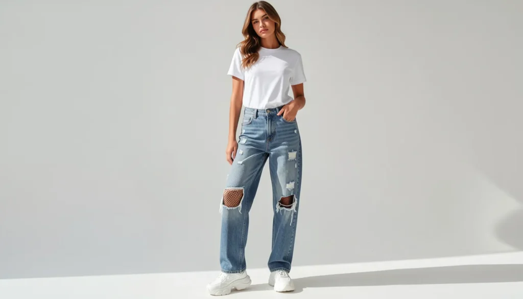 Fishnet outfits featuring distressed denim and casual streetwear styling
