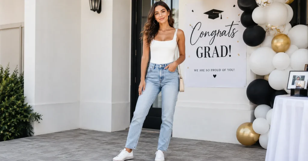 Grad Party Outfit Ideas: Stylish Looks for Every Graduation Celebration 3 Grad party outfit ideas with a white bodysuit, high-waisted jeans, sneakers, and crossbody bag.