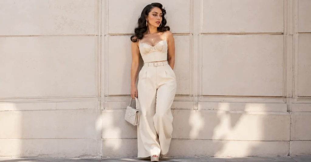 Kali Uchis outfit ideas with a corset-style top, wide-leg trousers, gold hoops, and retro glam hair.