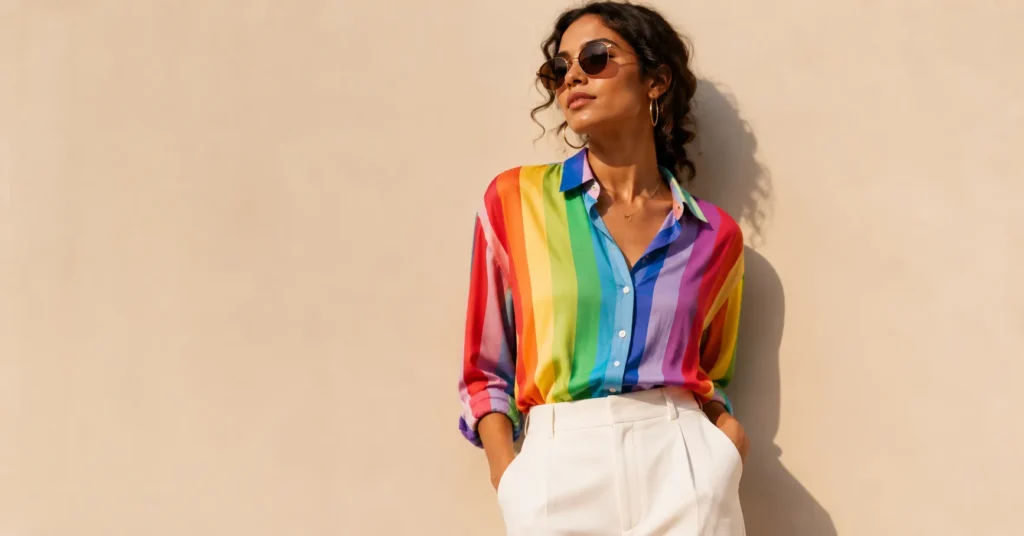 Pride outfits women featuring rainbow fashion inspiration and colorful Pride Month clothing ideas.