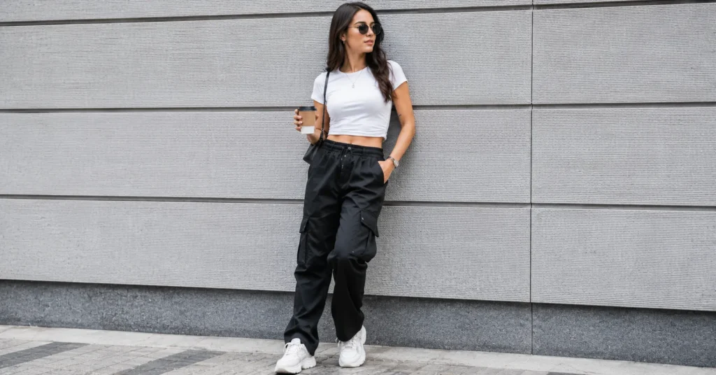 Black Cargo Pants Outfit Ideas: 30+ Stylish Looks for Every Occasion 4 Black cargo pants outfit ideas with a white t-shirt and sneakers for a casual everyday look.