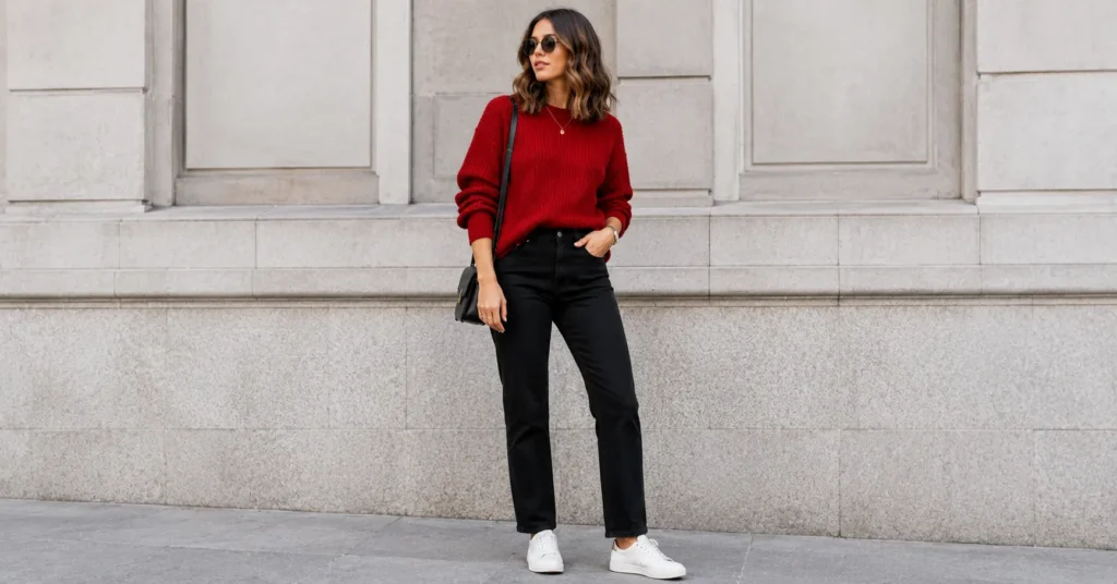 Casual red and black outfit ideas with black jeans, a red sweater, and white sneakers.