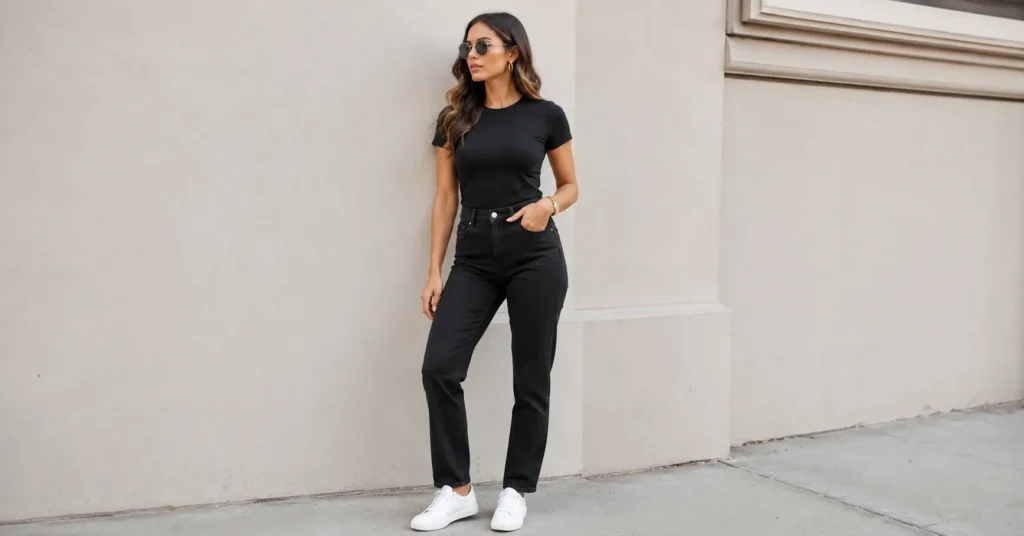 Gold and black outfit ideas for women featuring a casual everyday look.