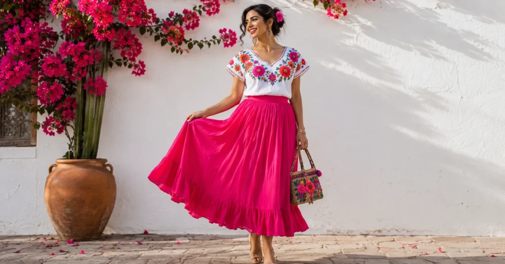 Fiesta party outfit ideas featuring an embroidered blouse and colorful skirt.