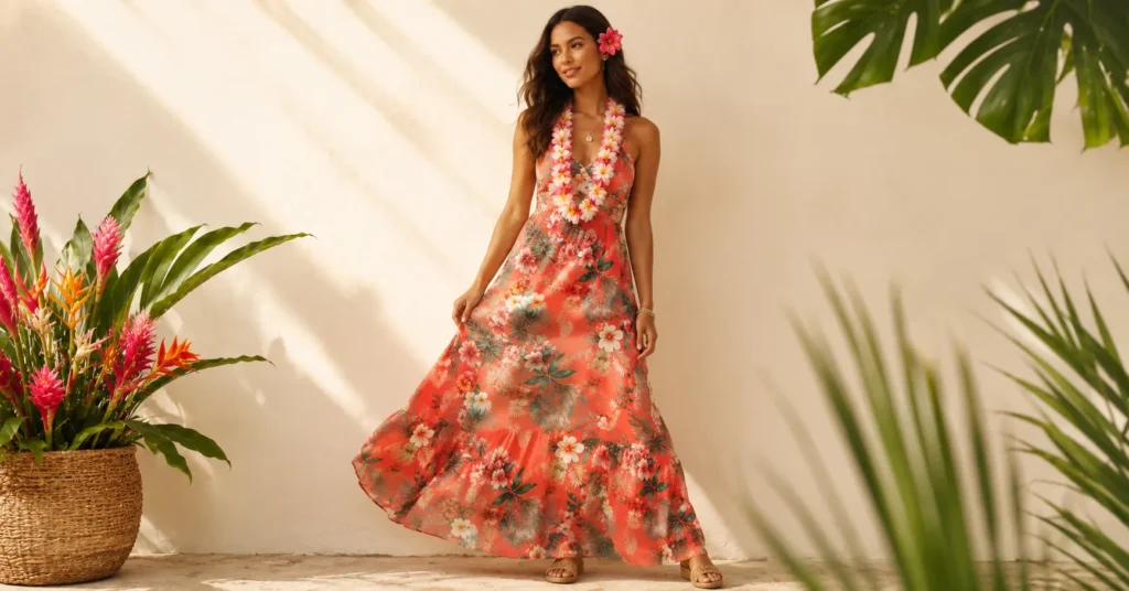 Hawaiian Party Outfit Ideas: 30+ Tropical Looks for Any Luau 3 Hawaiian party outfit ideas featuring a floral maxi dress for a luau.
