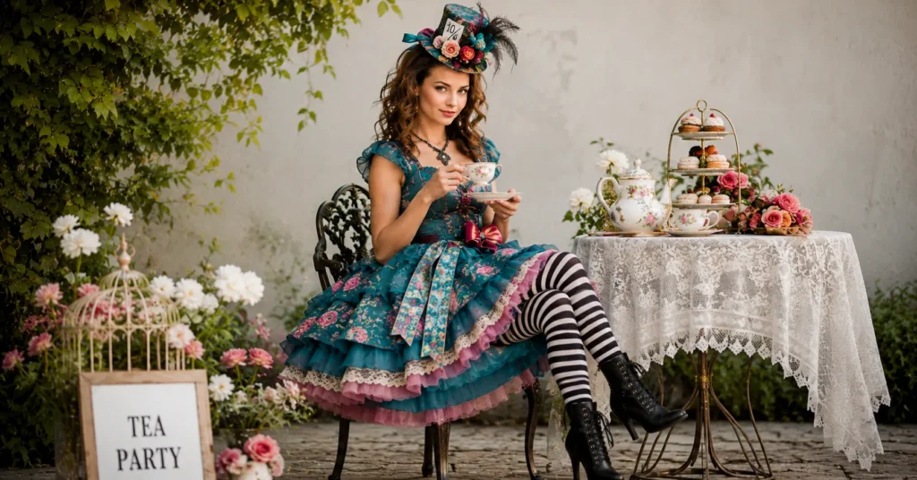 Mad Hatter Tea Party Outfit Ideas: 30+ Whimsical Looks to Try 3 Mad Hatter Tea Party Outfit Ideas with a whimsical layered dress and striped tights