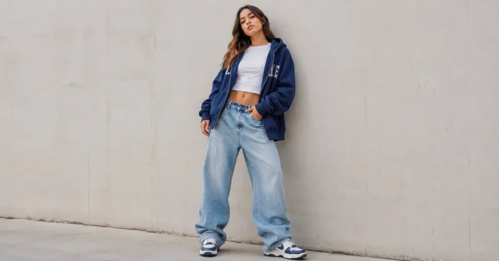 The Complete Guide to Gen Z Outfit Ideas: Trends, Staples, and Styling 3 Casual Gen Z outfit ideas with baggy jeans, baby tee, oversized hoodie, and chunky sneakers.