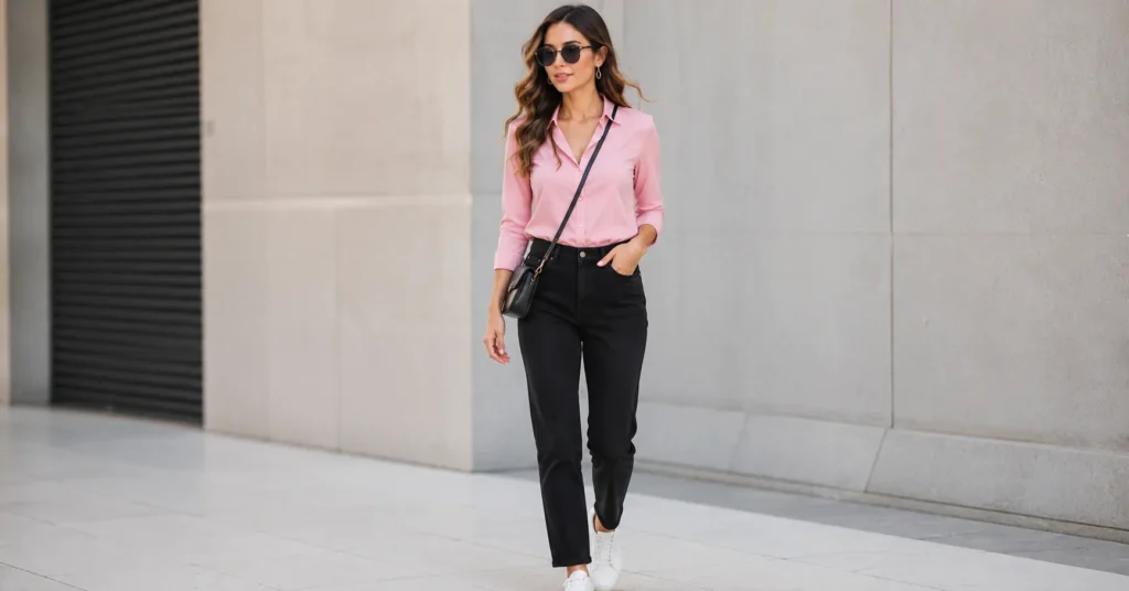 Pink and Black Outfit Ideas: 30+ Bold Looks for Any Occasion 3 Pink and Black Outfit Ideas with a pink top and black jeans for casual everyday style