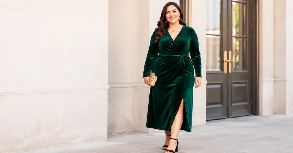 Plus Size Christmas Party Outfit Ideas with an emerald velvet wrap dress