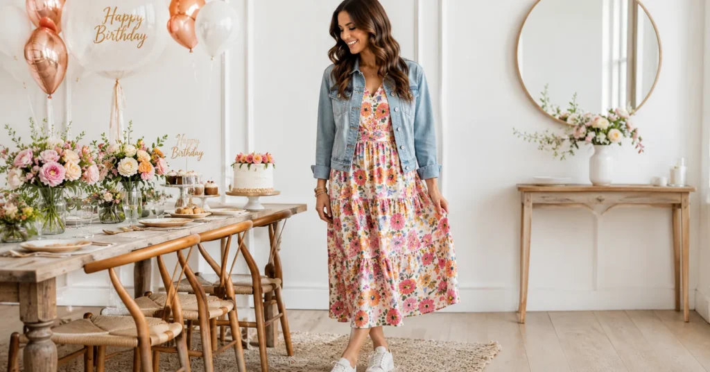 Casual Birthday Outfit Ideas: 30 Effortless Looks You'll Love 4 Casual Birthday Outfit Ideas with a floral midi dress and white sneakers.