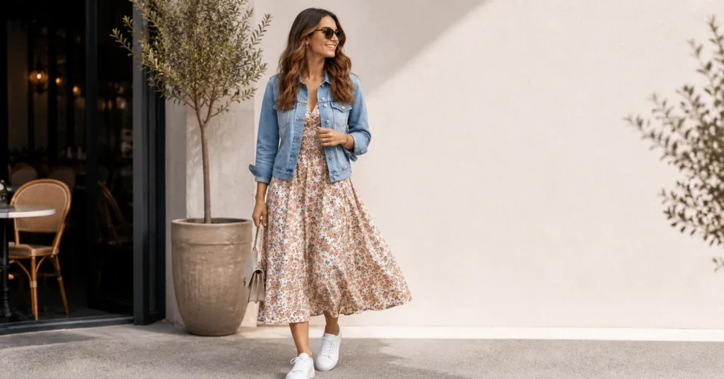 Casual Lunch Outfit Ideas: 30 Effortless Looks for Any Occasion 3 Casual lunch outfit ideas with a floral midi dress and white sneakers.