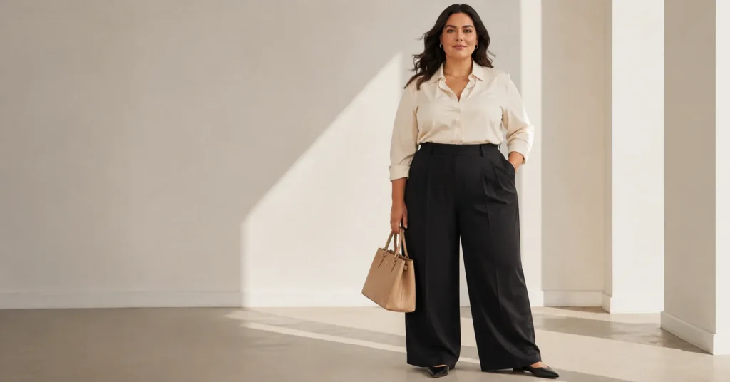 Plus Size Business Casual Outfit Ideas: 25 Effortless Looks for Work 5 Plus Size Business Casual Outfit Ideas with wide-leg trousers and an ivory blouse.