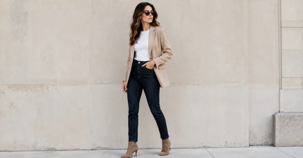 Smart Casual Outfit Ideas with dark jeans and a tailored blazer.
