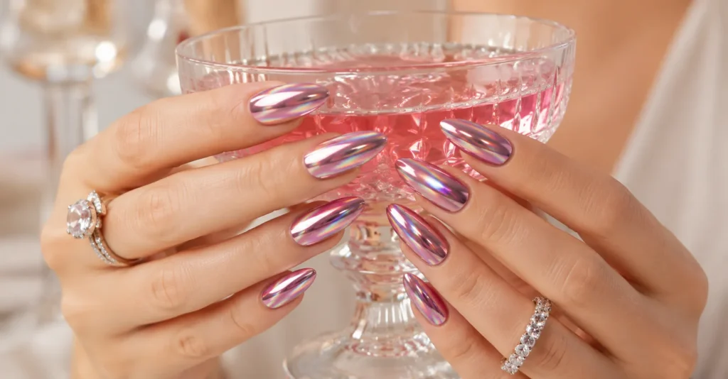 Glamorous birthday nails with holographic chrome finish and mirror shine effect.