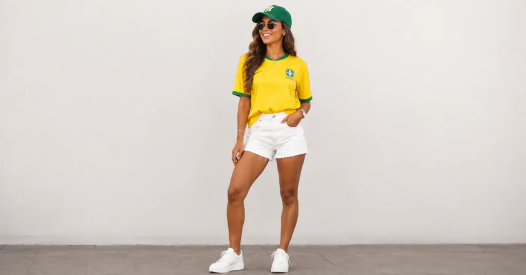 Brazil Shirt Outfit: The Complete Guide to a Bold Game Day Look 5 Brazil shirt outfit styled for a stadium game with white shorts, sneakers, and a yellow Brazil jersey.
