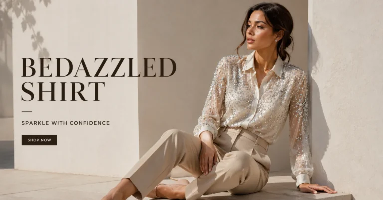Bedazzled shirt outfit featuring a rhinestone top styled for an elegant evening event.