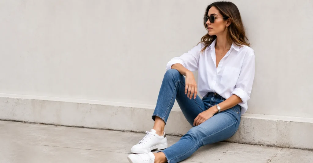 Button Shirt: Complete Guide to Effortless, Versatile Style 3 Button shirt outfit featuring a classic white shirt styled with jeans and sneakers.