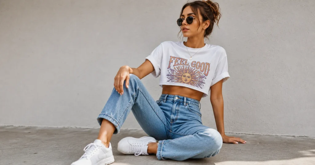 Cut Up Shirt Ideas: The Complete Guide to Bold DIY Refashions 3 Cut up shirt ideas featuring a DIY cropped tee and high-waisted jeans.