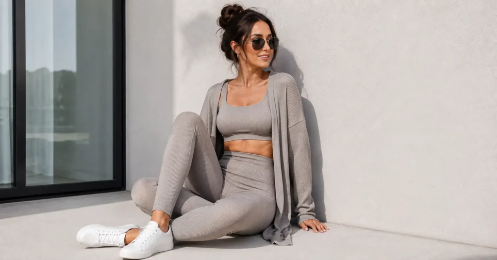 Sporty outfits for women styled with a matching lounge set and minimalist sneakers.