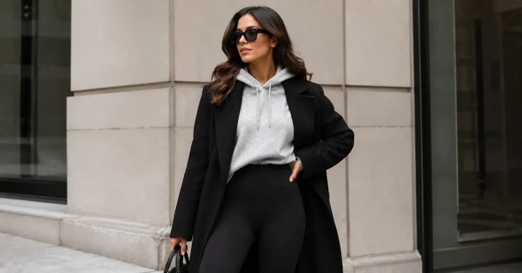 Gray and black outfit with elevated athleisure styling, hoodie, leggings, and wool coat.