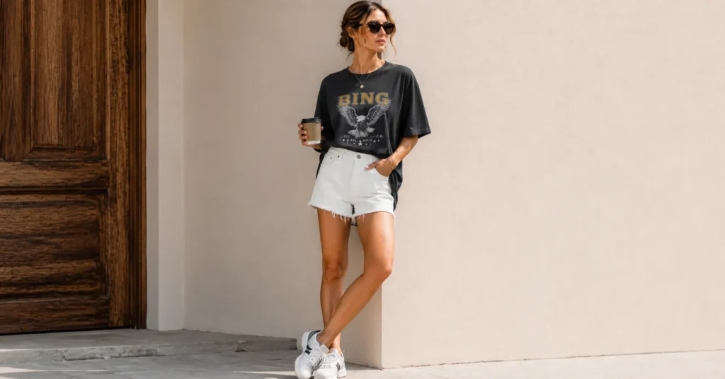 The Complete Guide to White Shorts Outfit Ideas: Styling Tips and Trends 4 White shorts outfit ideas featuring casual white denim shorts with an oversized graphic tee.