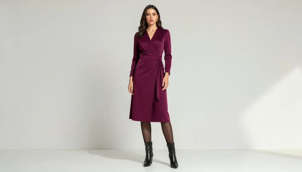 Lorelai Gilmore outfits ideas showcasing a classic wrap dress styled with boots for a sophisticated look.