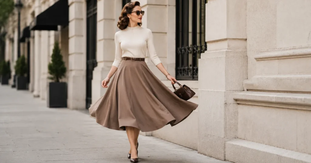 1950s old fashioned outfits with a circle skirt and fitted top styled for modern everyday fashion.