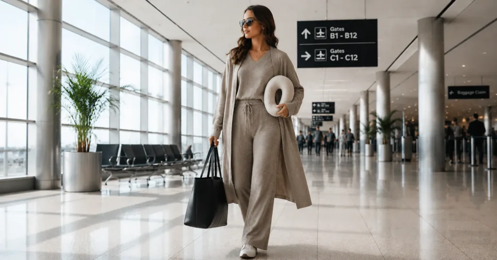 Plane outfits for long-haul flights featuring a comfortable knit lounge set and cozy travel layers.