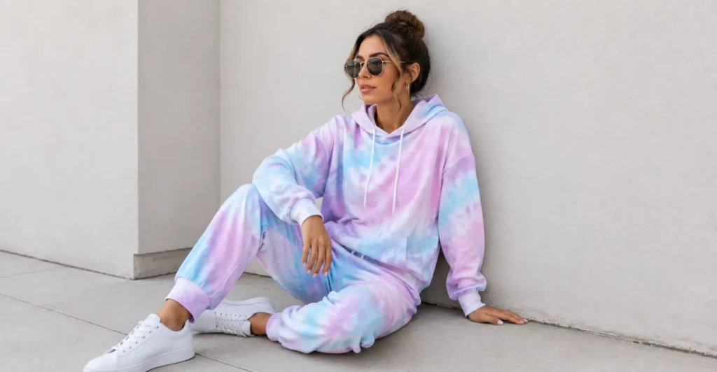 The Complete Guide to Styling Tie Dye Outfits for Every Season 4 Tie dye outfits featuring a matching tie-dye hoodie and sweatpants set for casual comfort.