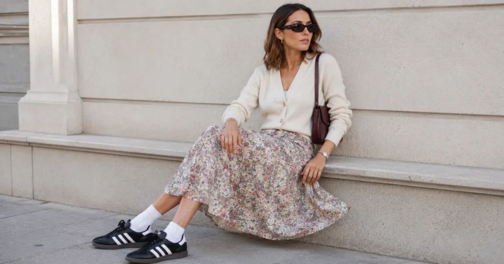 Feminine samba adidas outfit styled with a flowing midi skirt and classic Adidas Samba sneakers.