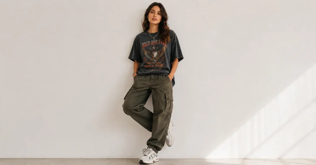 Oversized graphic tee styling with cargo pants and sneakers