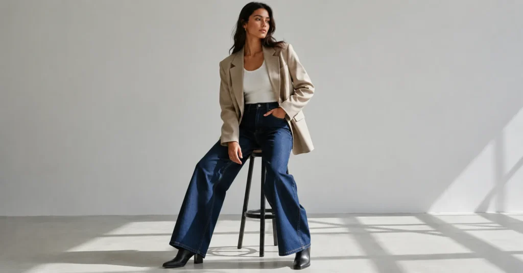 Wide-leg oversized jeans styled with a blazer for a chic modern fashion look.
