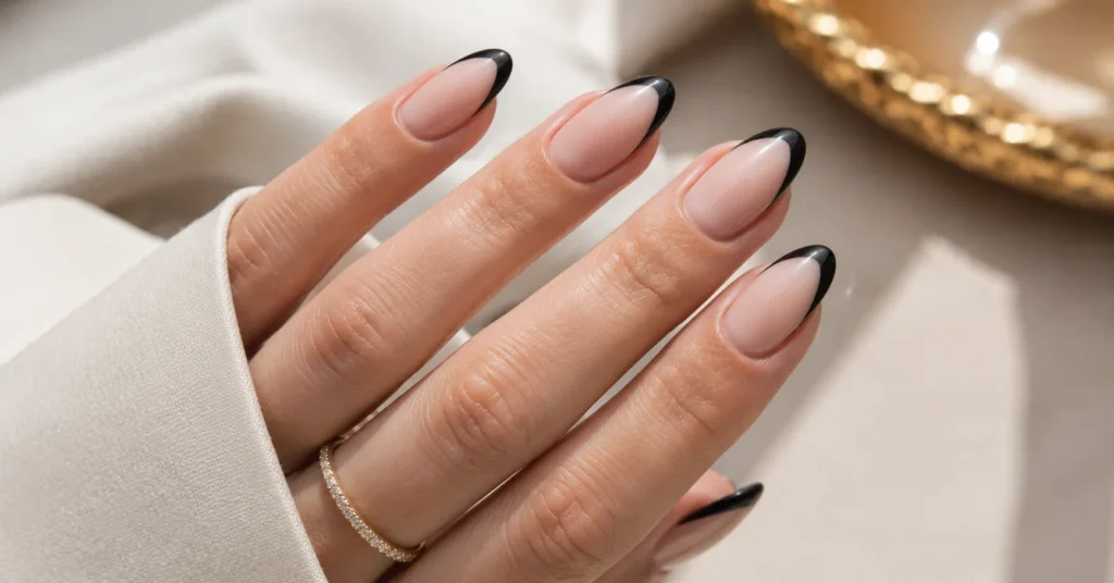 Black French tip nail art ideas with modern nude base manicure.