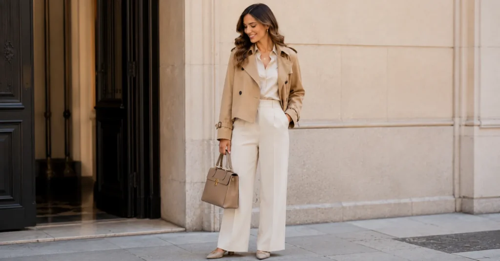Cropped trench coat outfit ideas for work featuring tailored trousers and a polished office-ready look.