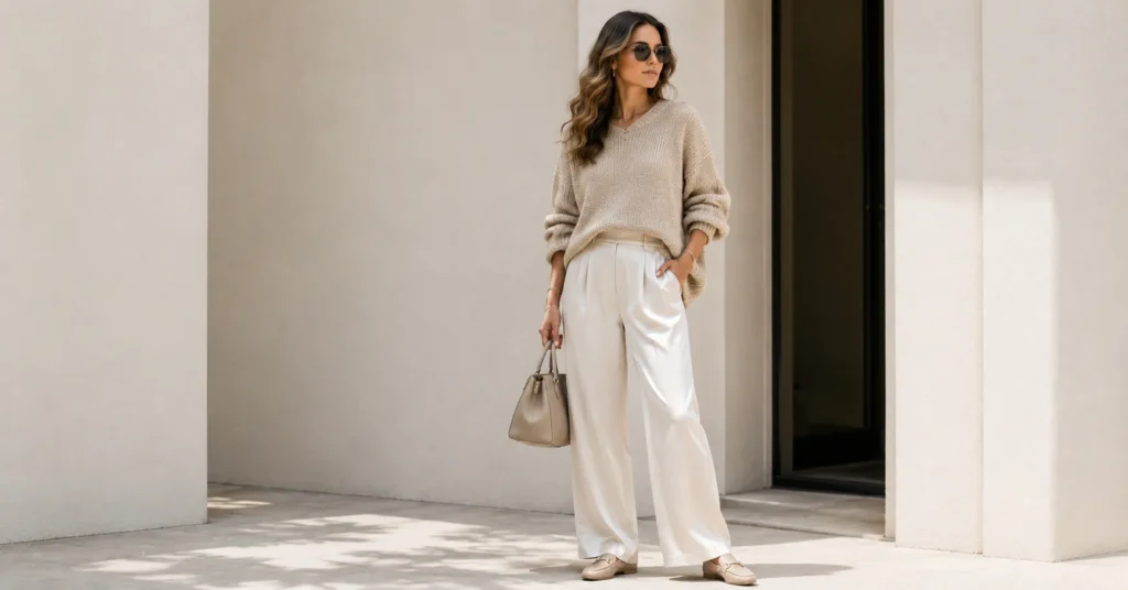 Silk trouser outfit ideas showcasing silk pants styled with a chunky knit sweater.