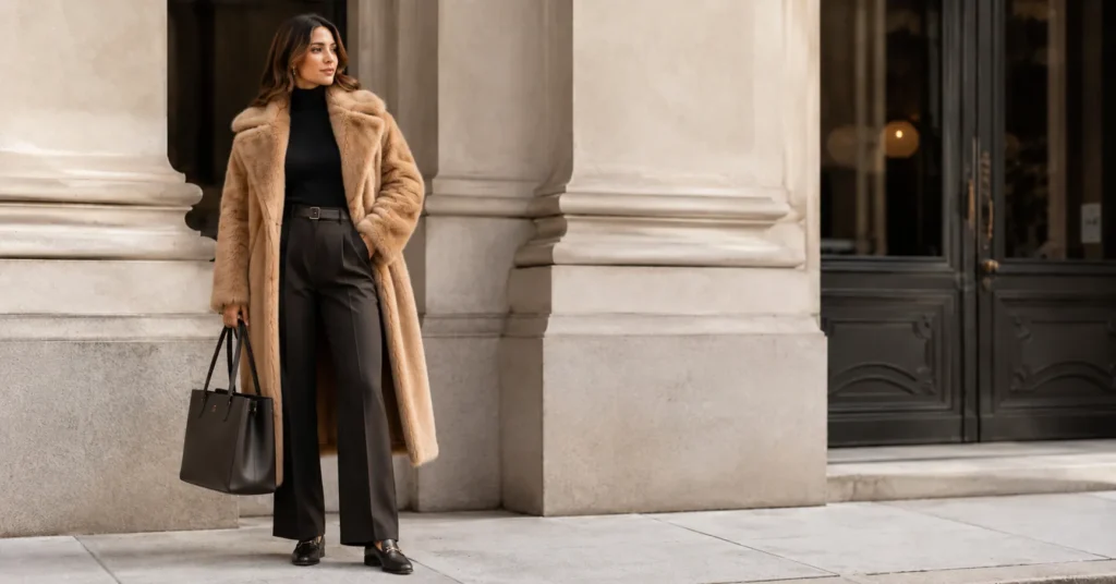 Smart casual faux fur coats outfit ideas with camel faux fur coat and tailored trousers.