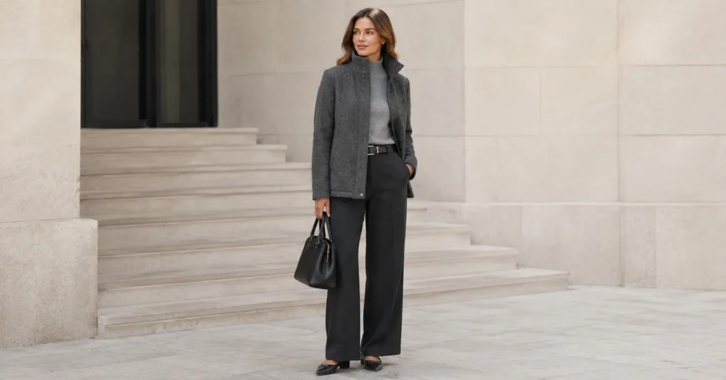 Funnel Neck Jacket: The Complete Style & Buying Guide 8 Smart casual women's funnel neck jacket outfit featuring a charcoal wool funnel neck jacket.