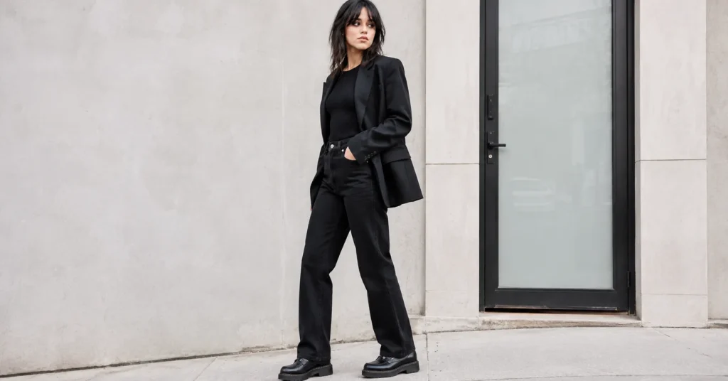 Jenna Ortega Outfits: The Complete Style Guide to Her Best Looks 5 Jenna Ortega outfits inspired street style look with black jeans, oversized blazer and modern fashion accessories.