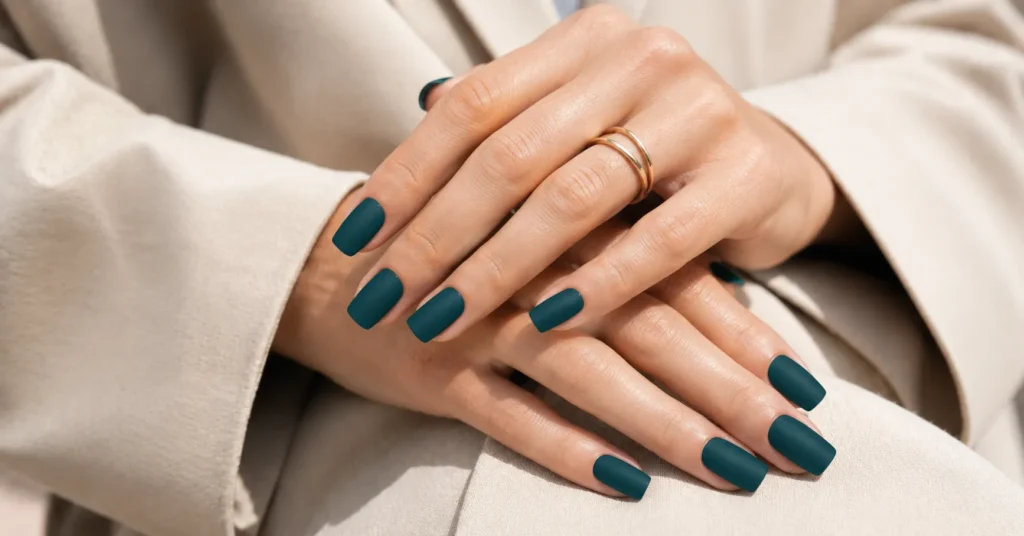 Teal Nail Trends 2026 featuring matte dark teal nails with a minimalist square manicure.