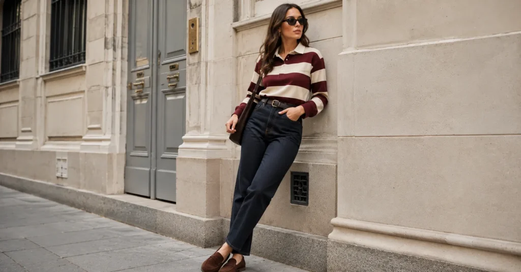 Rugby Shirts Jeans Trend: How to Style It in everytime 5 Smart casual rugby shirts jeans trend outfit featuring a burgundy striped rugby shirt and dark jeans.