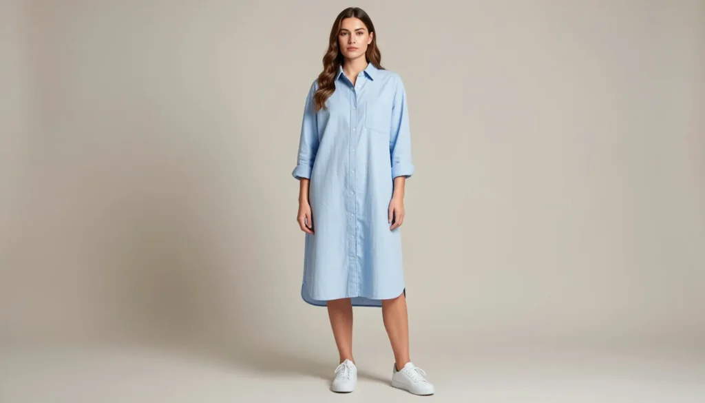 Shirt Dresses for Women: The Complete Style Guide 4 Shirt dresses for women featuring an oversized blue shirt dress and white sneakers.